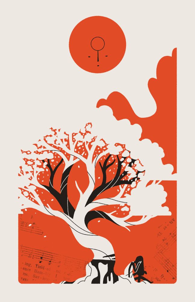 A figure sits weeping below a tree whose sap is running from large cuts encircling the trunk. Leaves fall from the dying tree as the moon observes from above.