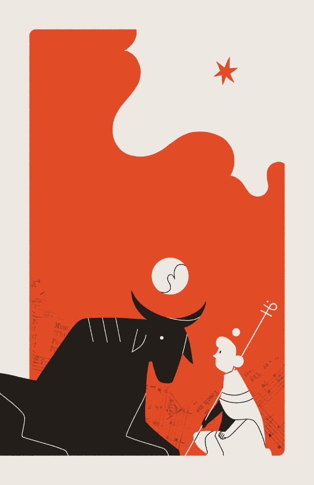 A shepherd tends to their cow, who is drawn in a style reminiscent of cave art and has a halo above their horns.