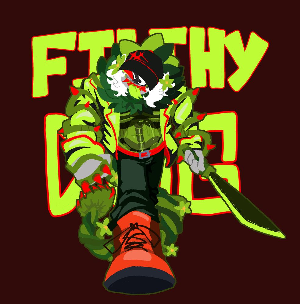 griefer from blocktales walking towards the camera with the venomshank in his hand. hes in his post bubonic plant form with vines around his body and his chest/stomach being green see through jelly where you can see his ribcage and spine. behind him "FILTHY DOG" is written in bold letters
