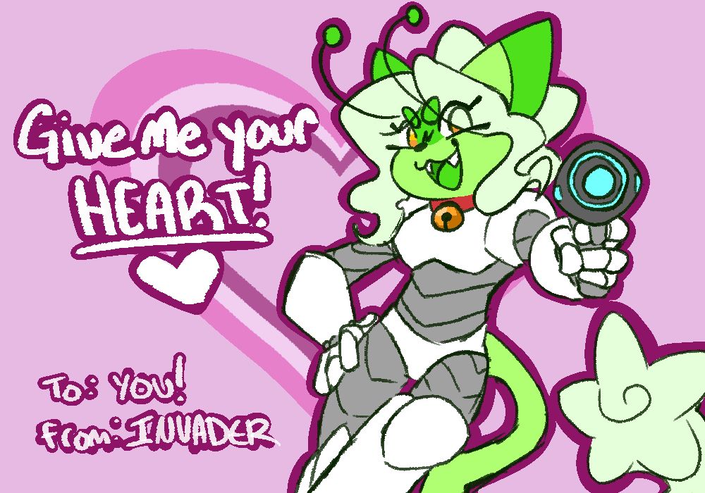 invader valentines card saying "give me your heart"