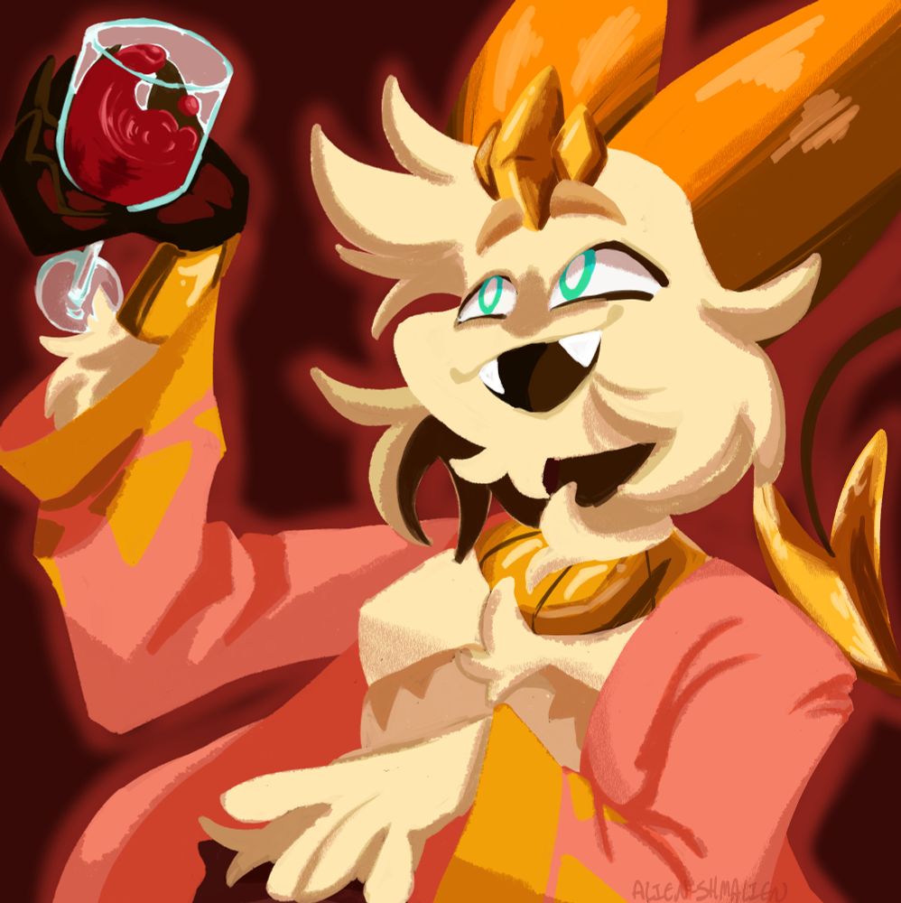 crown holding a glass of wine in the air