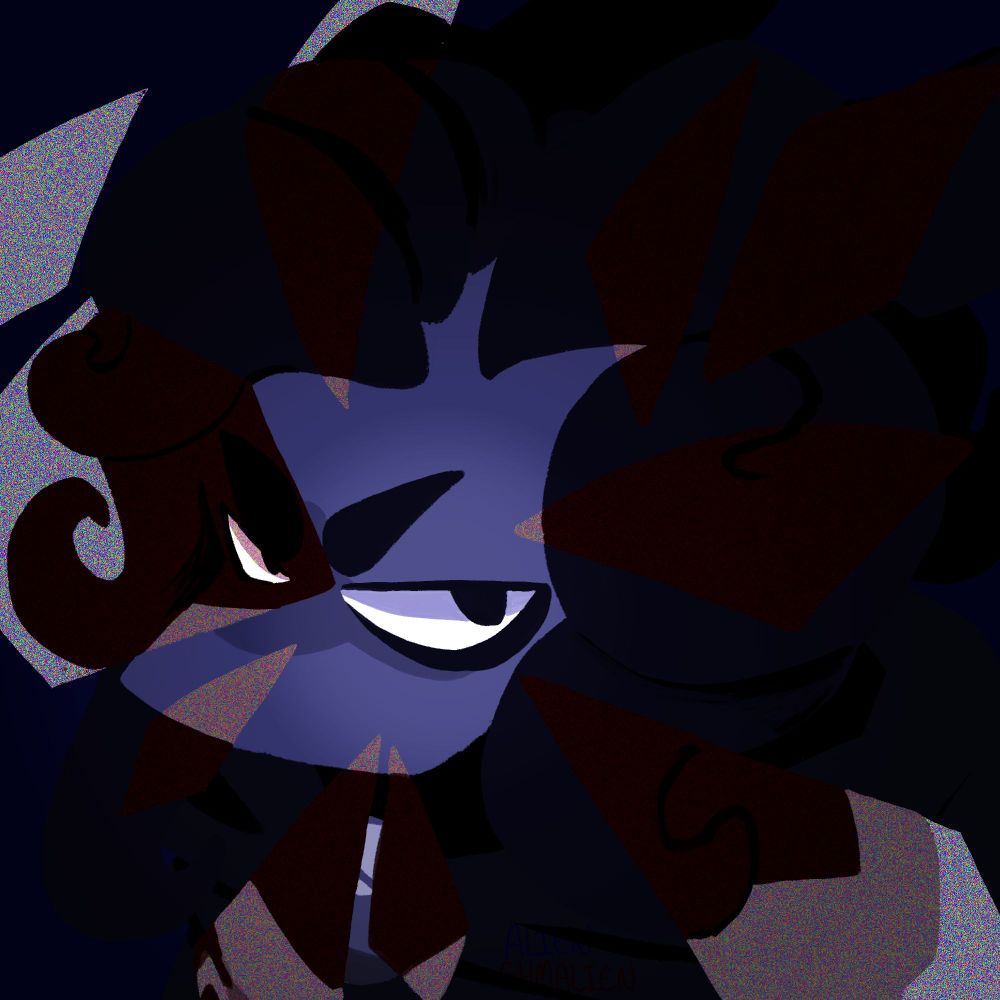a red and blue painting of KJ and Moon, with moon in blue in the base while KJ appears as shards of glass in red, with static overlaid them