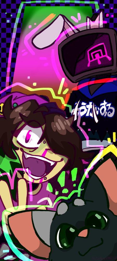 a wallpaper drawing featuring Poptart the cat, Infected and the unpleasant gradient from regretevator, and the poster's regretevator oc Debug. theyre all posing as if taking a picture