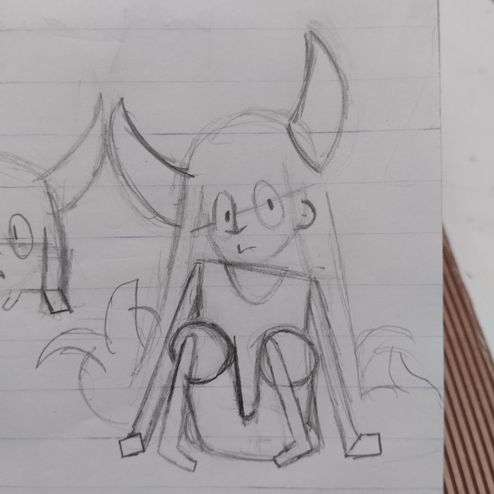 notebook doodle of Jenh, a skinny girl with large horns.
///
dibujo en cuaderno de Jenh, una niña delgada con cuernos grandes.