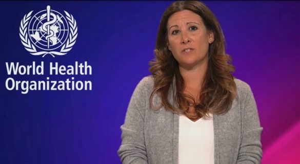 Screenshot of a woman from the waist up next to the words World Health Organization and their logo.