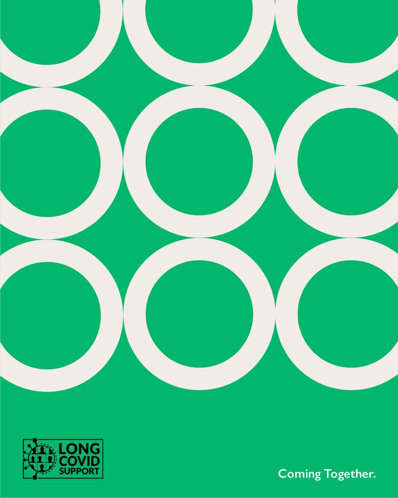 Green background with nine large white circles on it. In the bottom left corner is a black Long Covid Support logo. In the bottom right in white text it says Coming Together.
