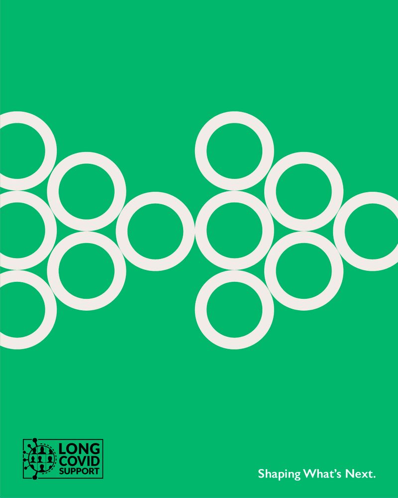 Green background with two triangles each formed from six white circles on it. In the bottom left corner is a black Long Covid Support logo. In the bottom right in white text it says Shaping What’s Next.