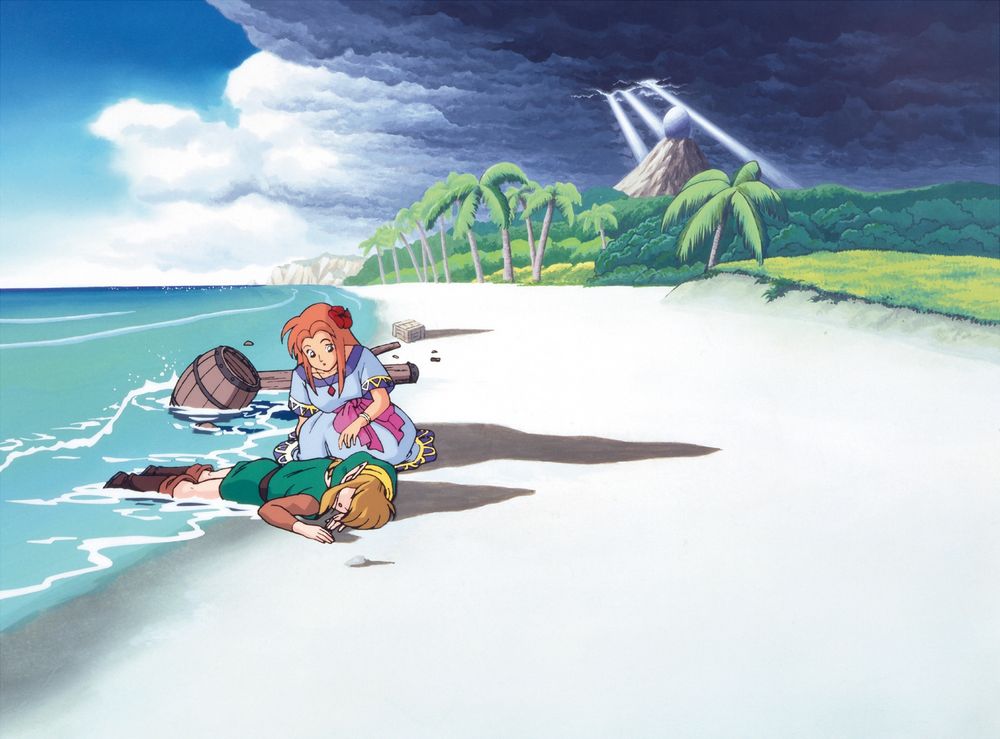 Marin discovers a stranded Link washed ashore on the beach of Koholint Island