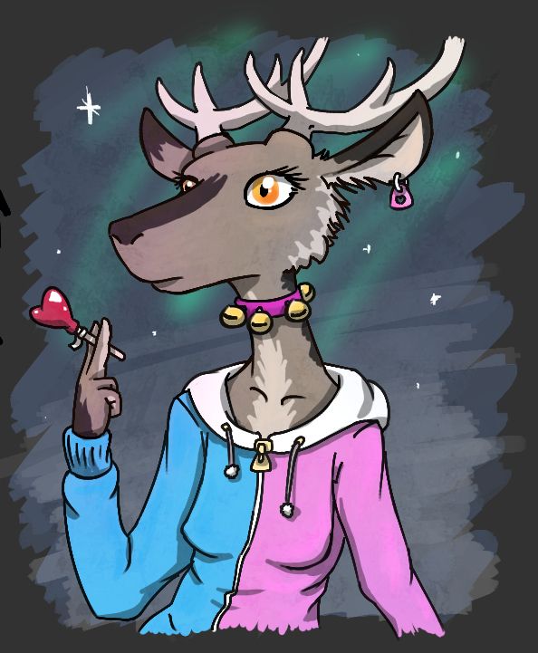 A reindeer girl with a lollipop and eyes like someone shone car lights on her