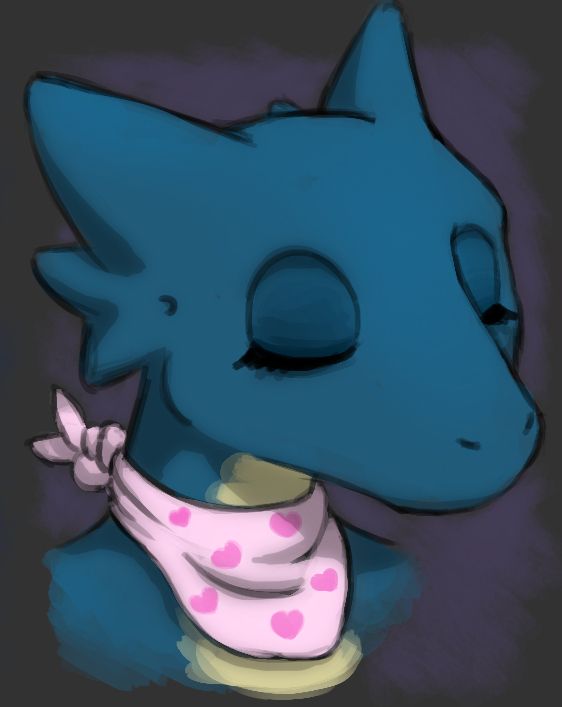 A blue kobold girl with eyes closed and a heart scarf