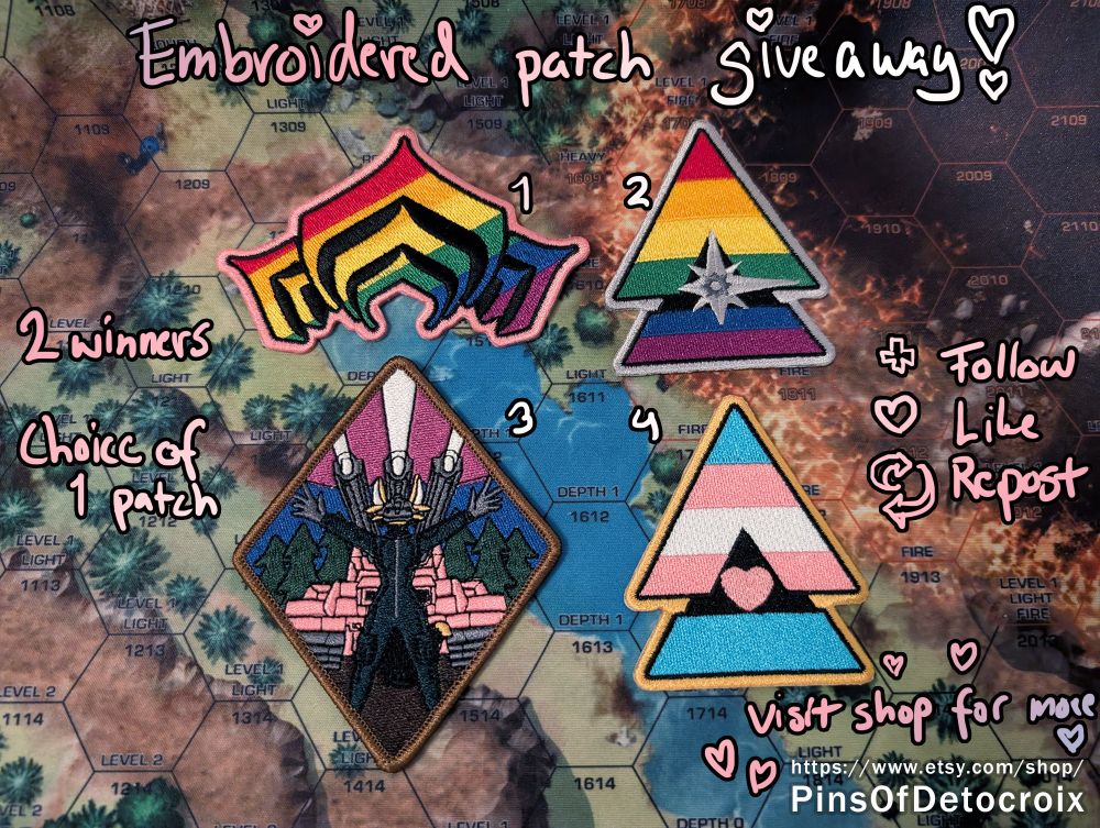 Detocroix's patches, a lotus pride icon from Warframe, a pride and trans chevron patches from BattleTech, and Detocroix's fox fursona in front of a tank with hands spread out