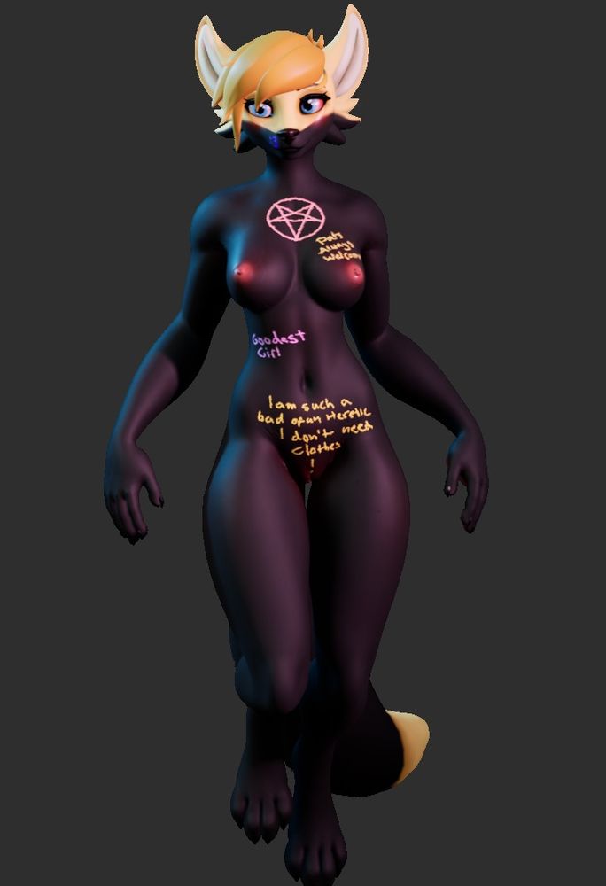Detocroix fox with text written on her, a pentagram on middle of the chest, a "Pats always welcome" on breast, "Goodest girl" on waist, and "I am such a bad of an heretic I don't need clothes!" on abdomen, and :3 on muzzle