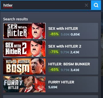 Steam search results showing games like Sex with Hitler, Hitler Bunker BDSM, and Furry Hitler