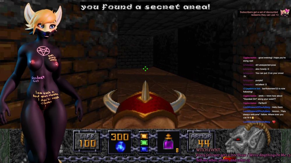 Heretic stream screenshot with deto's fox floating on the side with text written on her