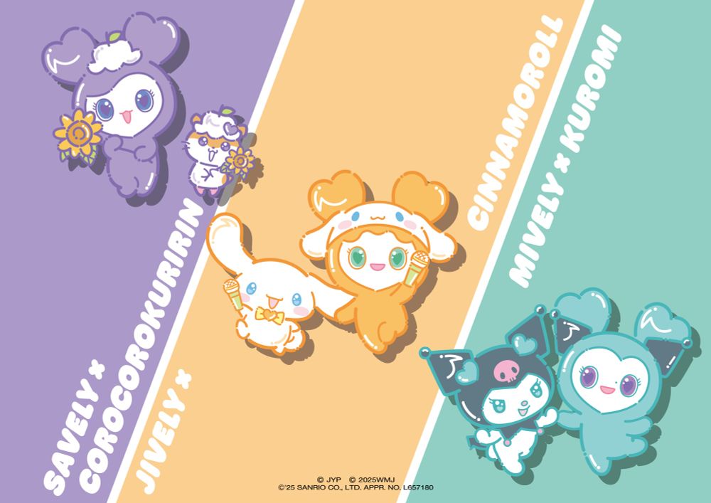Teaser image for the TWICE and Sanrio collab, featuring Sana with Corocorokuririn, Jihyo with Cinnamoroll, and Mina with Kuromi