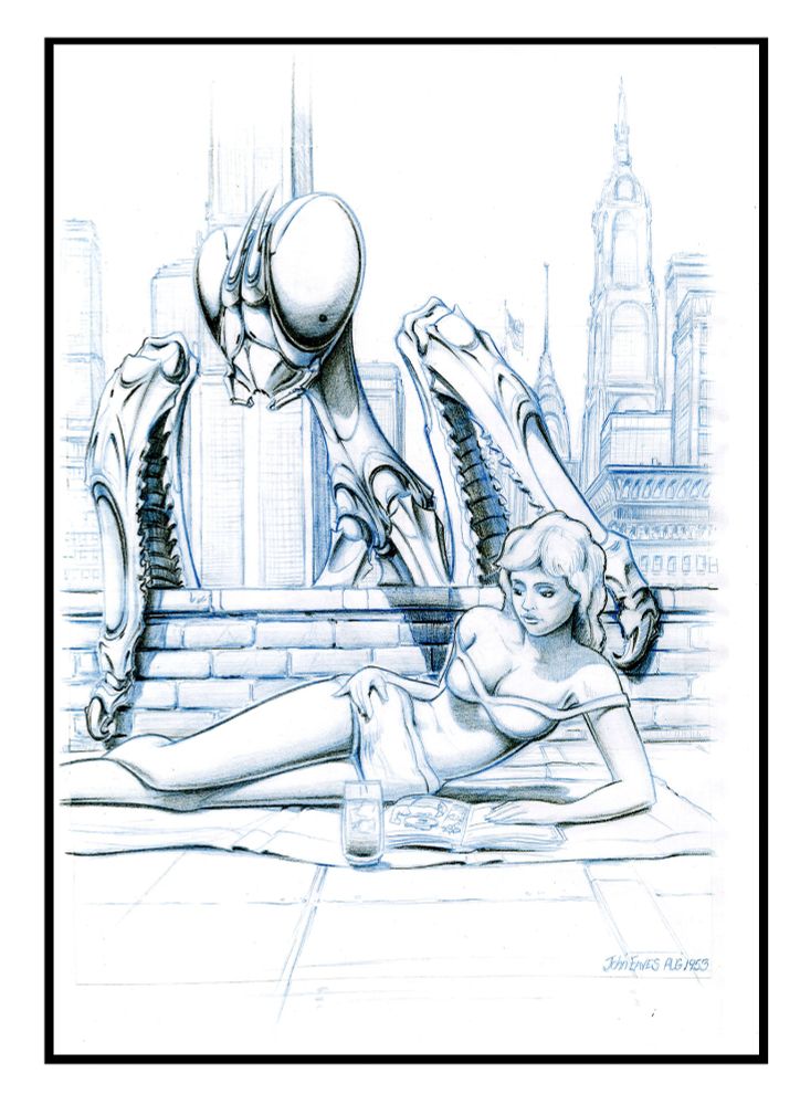 Artwork created by John Eaves for the Deep Space 9 episode "Far Beyond the Stars." In-Universe, it was drawn by Roy Ritterhouse. It depicts a giant alien mantis sneaking up on a sunbathing woman.
Source: https://johneaves.wordpress.com/2010/04/20/far-beyond-the-stars-part-1/