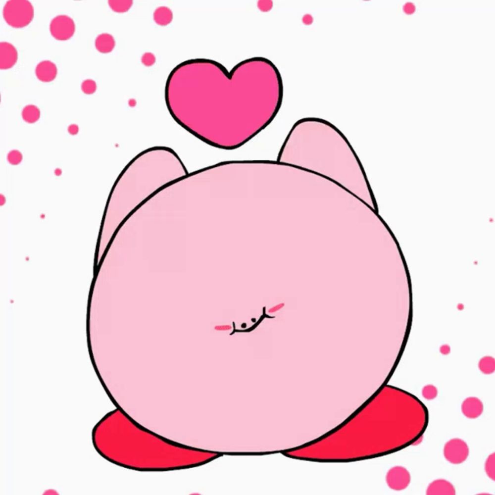 a cartoon drawing of kirby with a pink cloud behind him