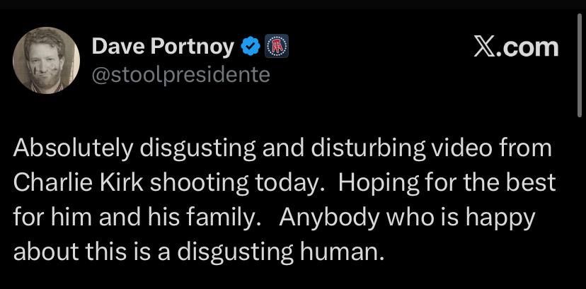 Dave Portnoy tweet saying ‘absolutely disgusting and disturbing video from Charlie Kirk shooting today. Hoping for the best for him and his family. Anybody who is happy about this is a disgusting human.’