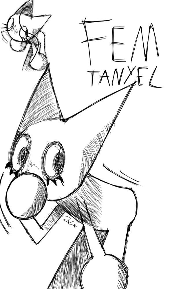 Token (femtanyl's mascot) bent down with one hand resting on his leg and the other covering his mouth
