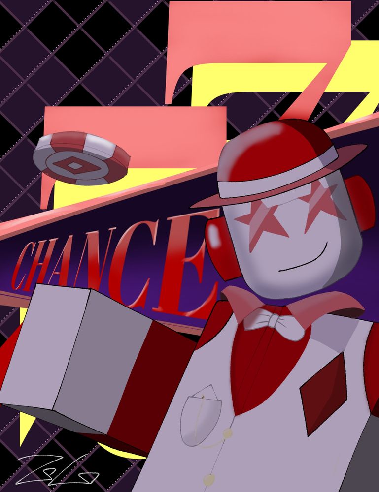 Chance in his milestone 1 skin flipping his coin looking at the viewer with a smirk, with a "777" and "CHANCE" title name I'm the background