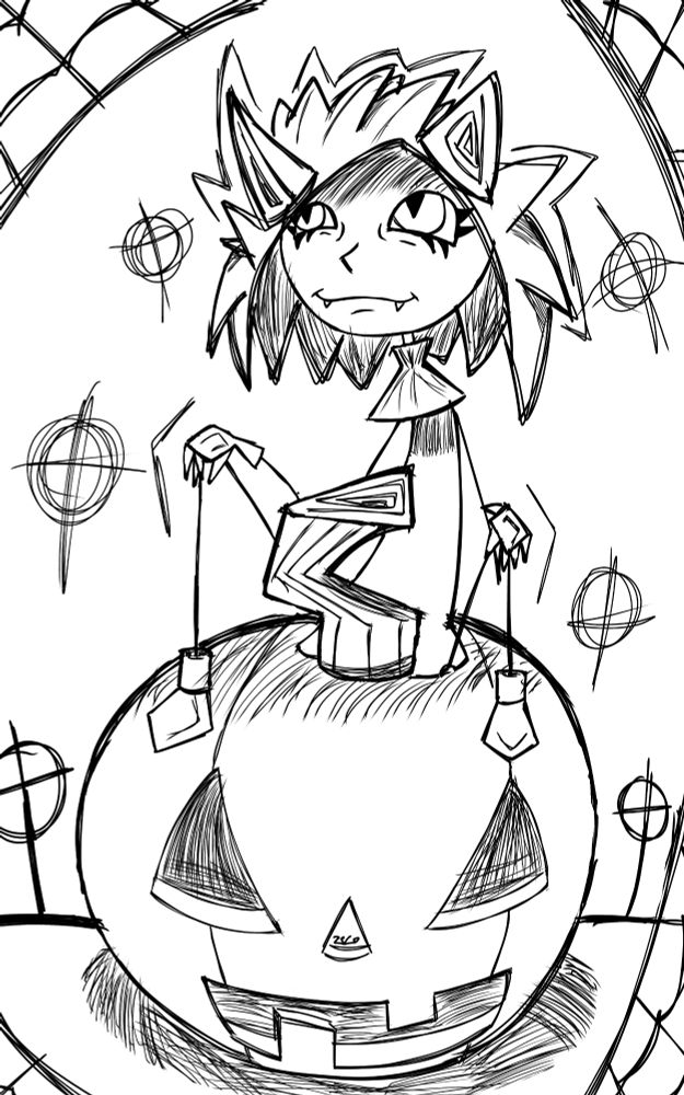 A drawing of the character nia from the YouTube channel "I can't sleep" sitting on a pumpkin looking up with cat mouth, eyes and ears with a smile, and spider webs on the corners of the screen and crosses around nia