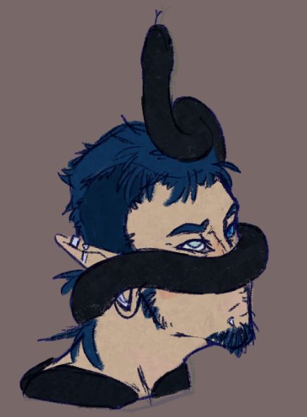 A sketchy portrait of Jay, a trans man with a blue shaggy shaved mullet, with his Mexican Black Kingsnake Hades wrapped around his face. Hades is reaching upwards towards nothing, flicking his tongue into the air while Jay looks at him mildly concerned.