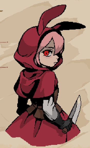 Ruby from the game Rubinite. Pixel art of a pink haired child wearing a red cloak with bunny ears. Her eyes are blood red and she is wielding a knife.