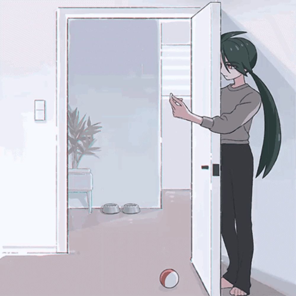 a drawing of a person opening a door to a room with bowls on the floor