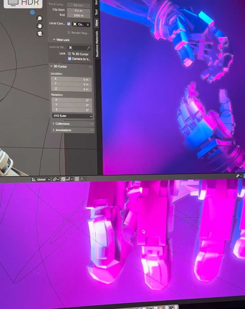 Blender app — a rendering of two robot hands with neon pink and blue light
