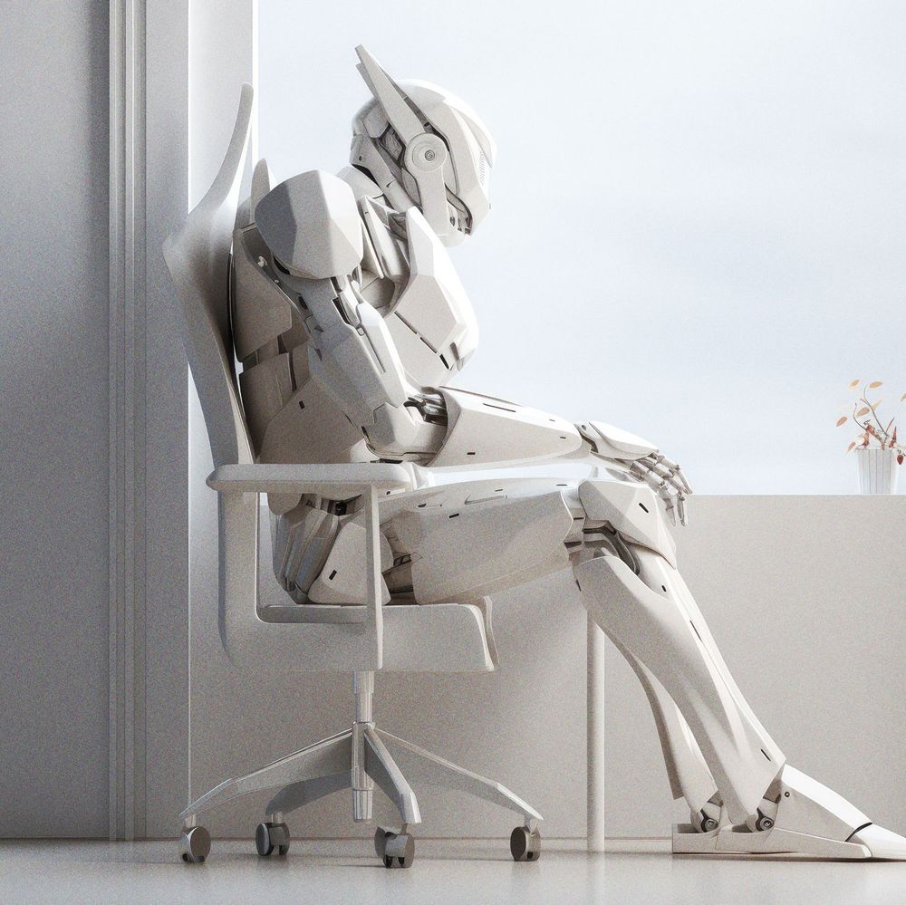 AI-generated image of white plastic and steel robot sitting in an office chair