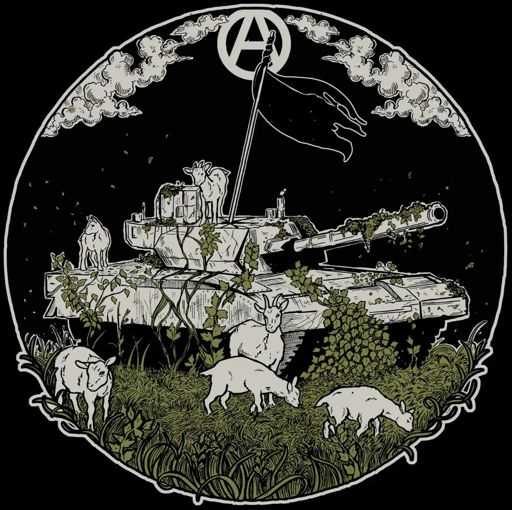 illustration of a war tank with a black flag, covered by roots and vines, surrounded by goats, the A anarchist symbol on top of the image