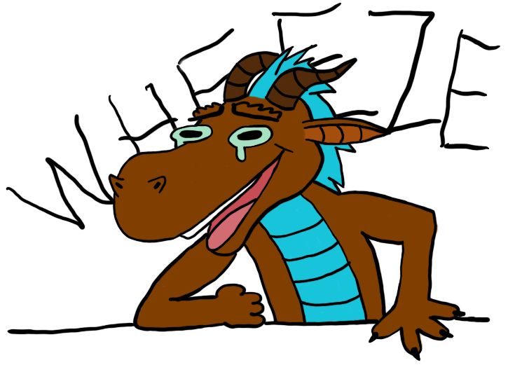 My kobold OC Cammie, leaning forward on one elbow, wheezing with laughter