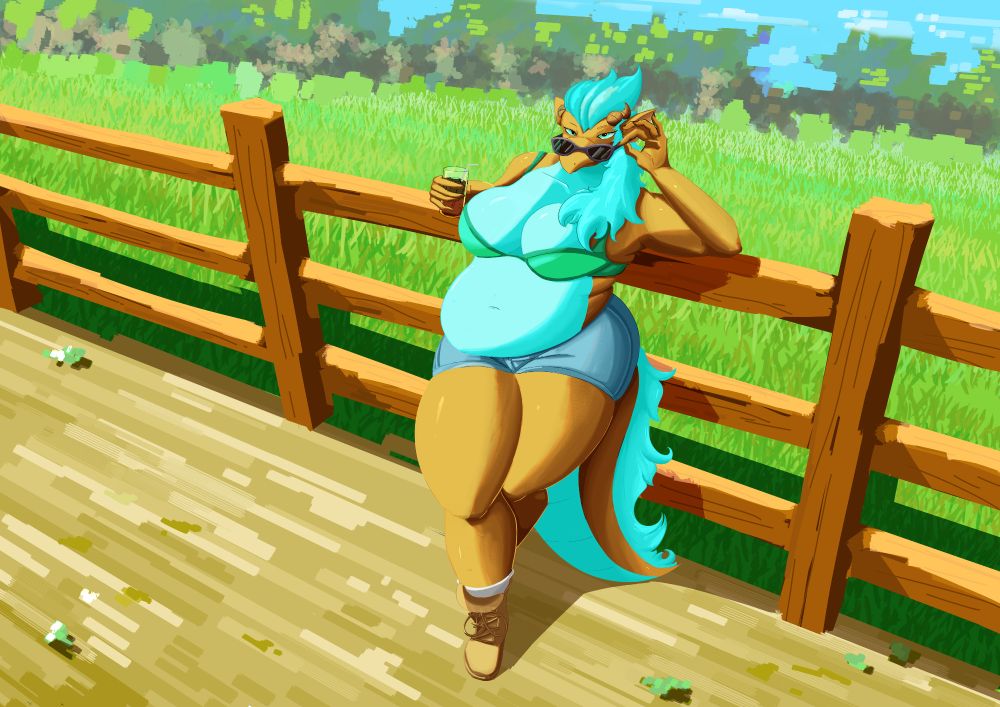 A large, fat lizard lady wearing jean shorts and a green bikini top.  She has bronze scales and a sky blue belly and a line of sky blue hair from her head down to the end of her tail.  She's leaning back against a fence, holding a drink, pulling down a pair of shades, and staring at the viewer.