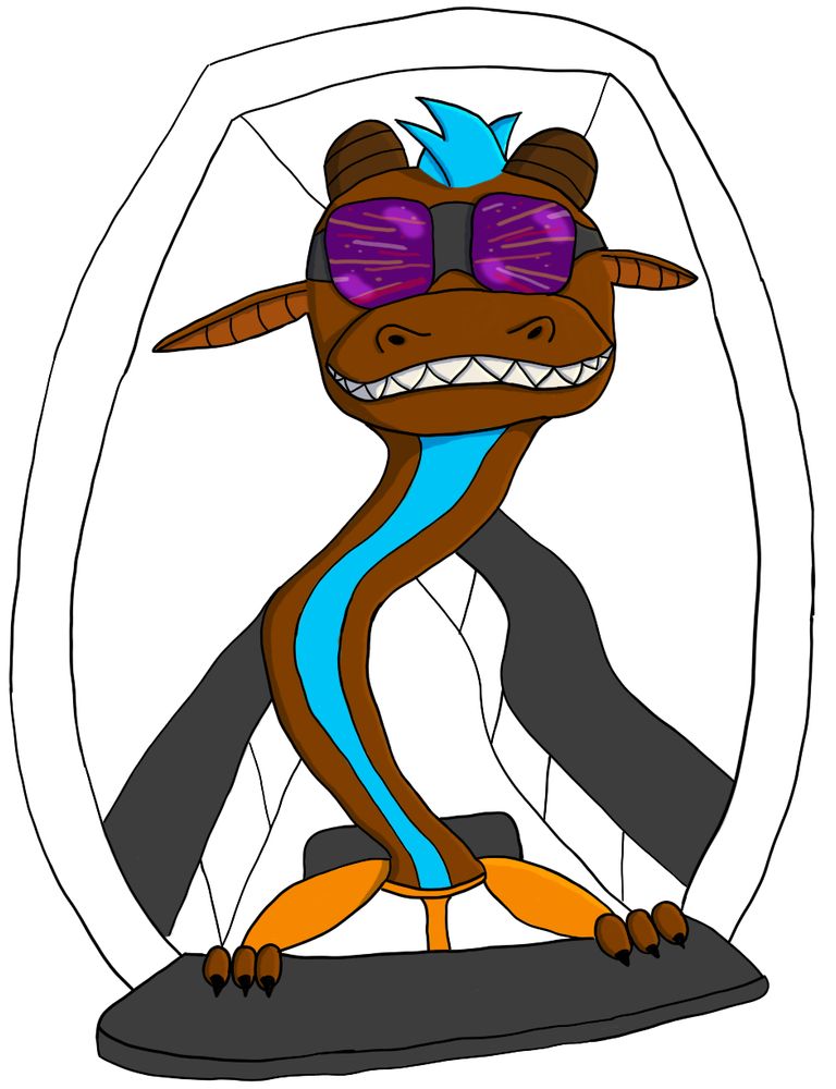 A kobold is seated behind a counter, their neck is extended and distorted. They're wearing purple goggles showing hallucinate lights.