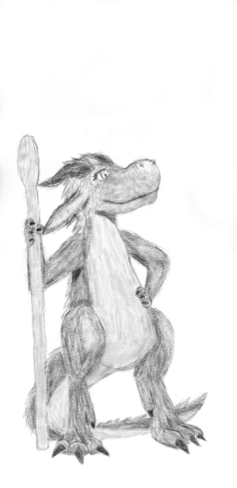 A digital pencil drawing of a kobold holding a staff, one hand on their hip, looking into the distance