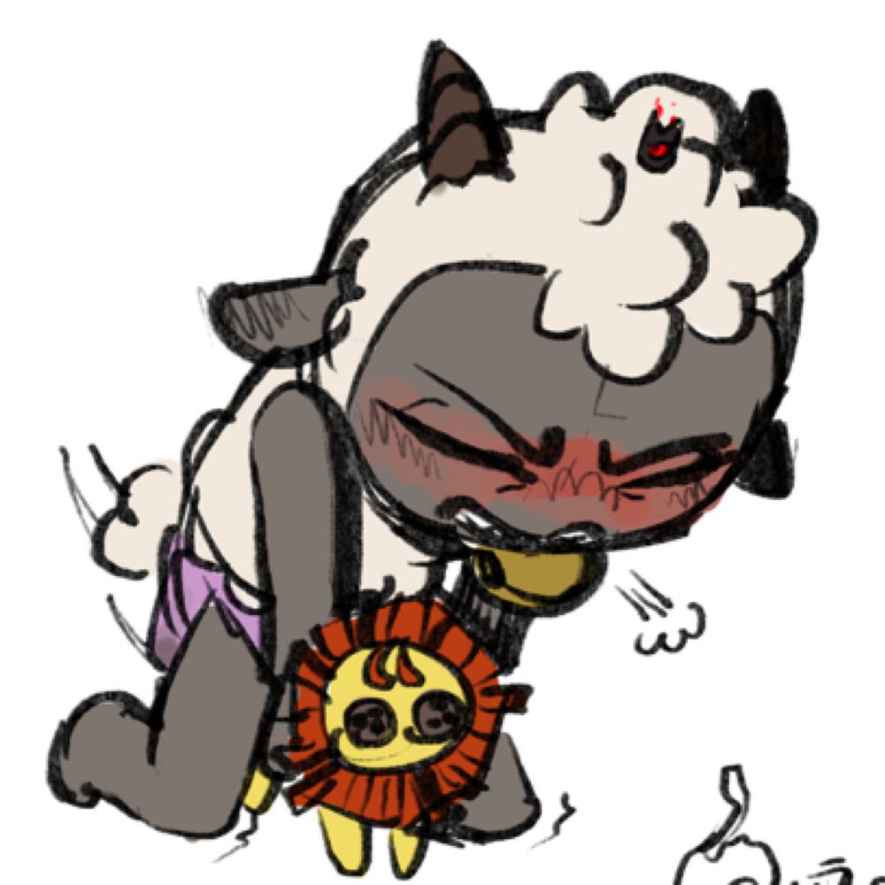 The Lamb from Cult of the Lamb humping a plushy lion in a pink, messy diaper. A heavy blush covers his face while the tiny Red Crown sits on his head.