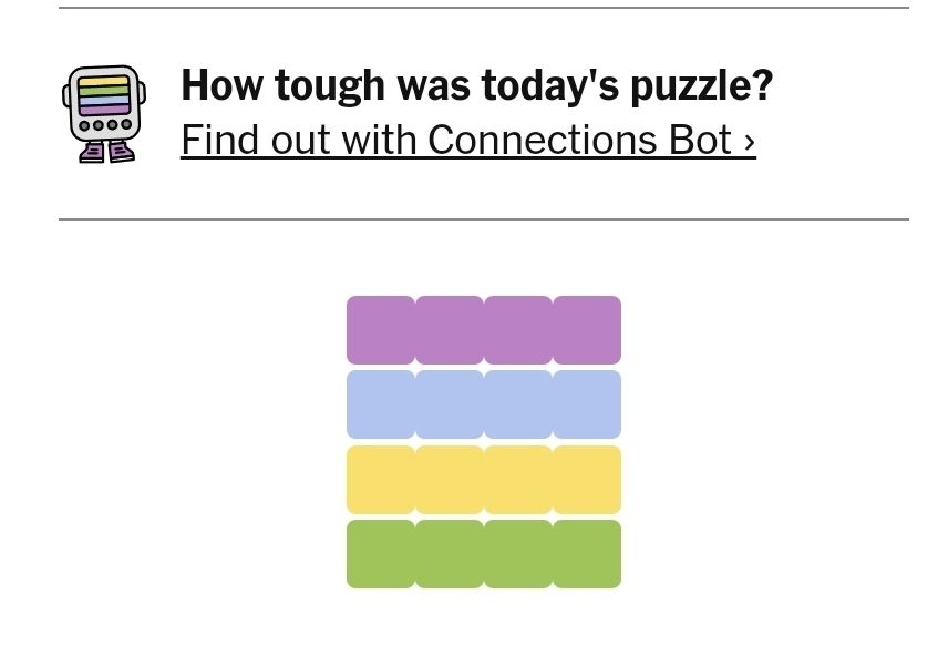 An image showing the results of an NYT Connections game. Purple first, then blue, then yellow, and finally green. With no errors.