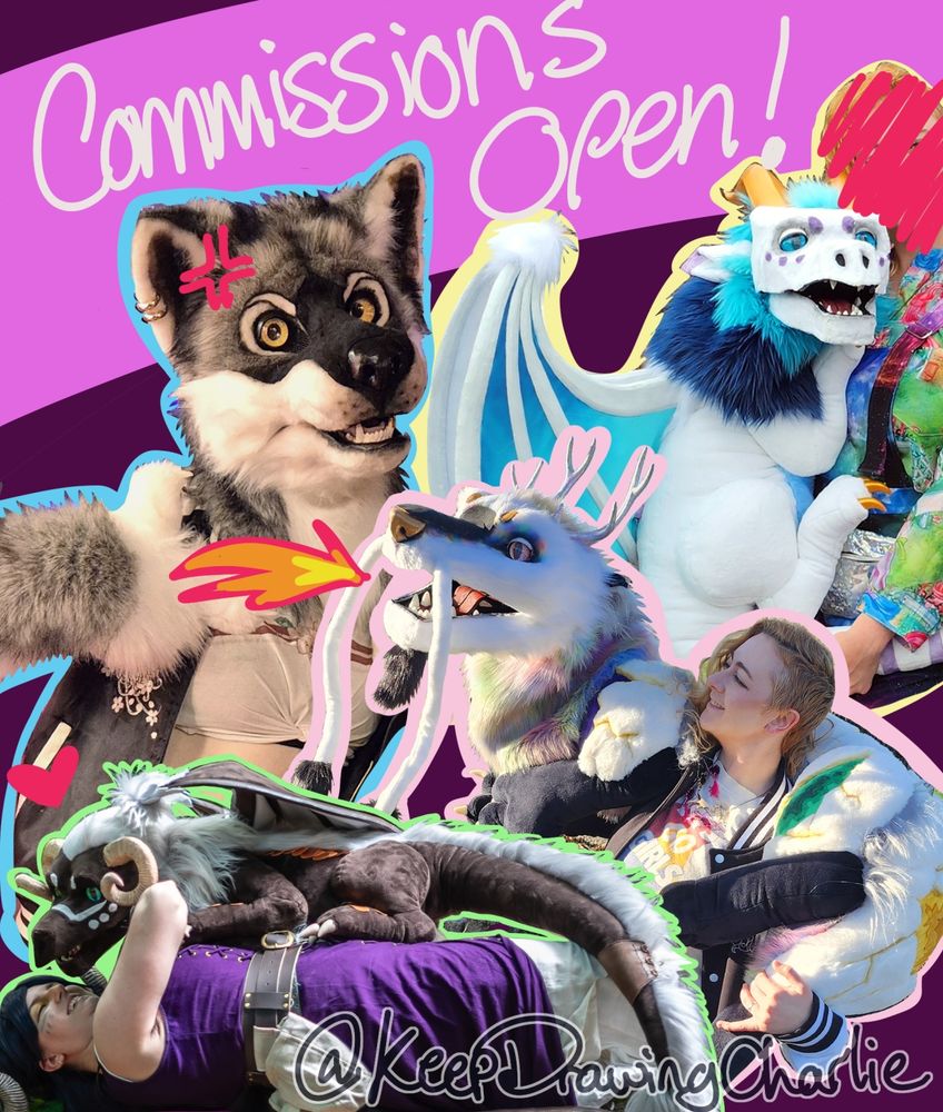 A scrap book looking graphic of dragon puppets and a wolf fursuit head. Text reads:
Commissions open!