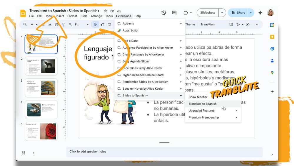 Google Slides translated to spanish