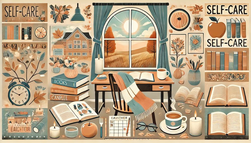 A serene illustration emphasizing self-care for educators. The scene features a teacher’s desk with a cup of coffee, books, a planner, and glasses, complemented by warm and soothing colors like pastel blue, beige, and orange. The background shows a peaceful autumn view through a window, with elements like candles and a cozy blanket adding to the relaxing ambiance. The overall design conveys tranquility and encouragement for rest and rejuvenation.