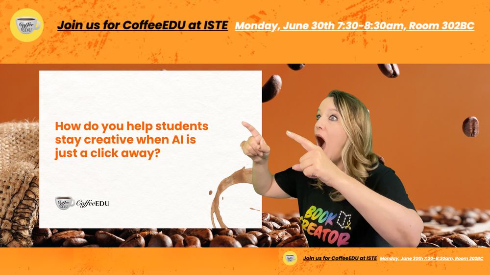 "How do you help students stay creative when AI is just a click away?" To the right, a woman in a black "Book Creator" t-shirt has a shocked expression with her mouth open and is pointing with both index fingers toward the question. 