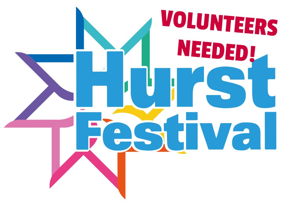 Hurst Festival multicoloured logo for 2025 invites you to become a volunteer during the festival