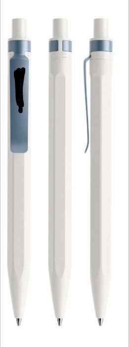 A pen shown from the top, bottom, and side perspectives. It has a white barrel and button and a metallic blue clip. 