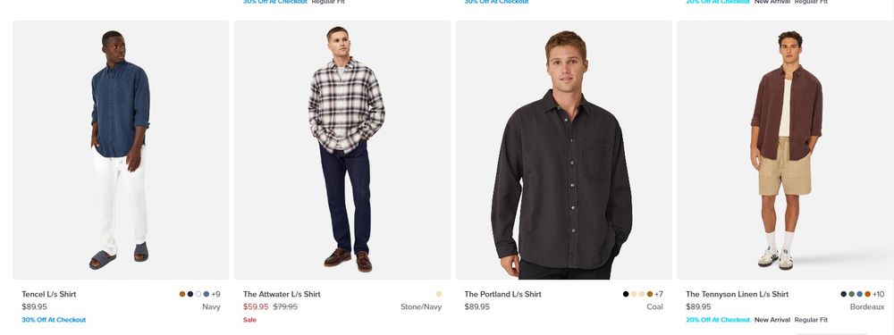 A grid of four men modelling long sleeve shirts. Each one looks equally like they're obnoxiously casual and slightly baffled as to how they came to be there .