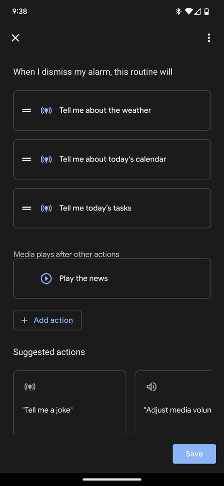 A screenshot of the Google Assistant options in the alarm app. It includes:
Tell me about the weather
Tell me about today's calendar
Tell me today's tasks
Play the news
Tell me a joke
