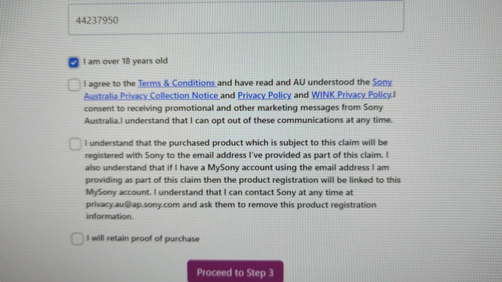 The terms and conditions for Sony's cashback offer. The second checkbox bundles together agreeing to the offer's terms and conditions, Sony's privacy policy, Sony's privacy collection notice, the WINK privacy policy (the business running the offer on behalf of Sony), and a consent to receive promo messages from Sony. 