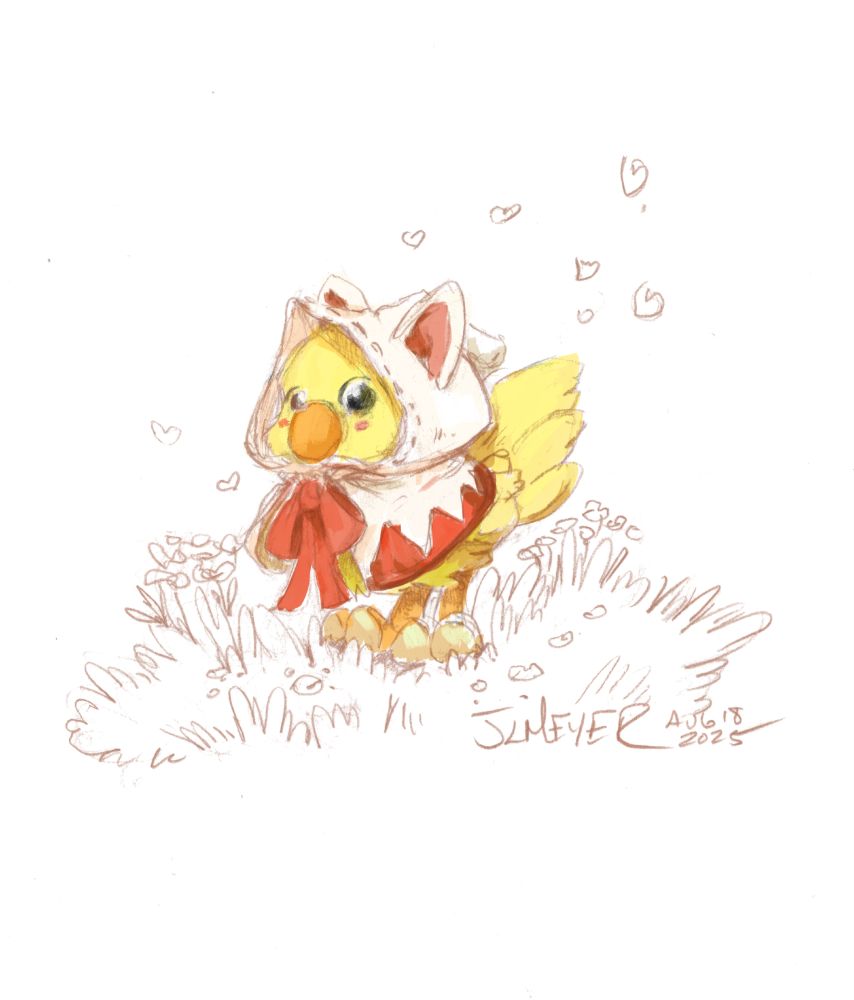 pale hoodie with red highlights and cat ears on a yellow chocobo
