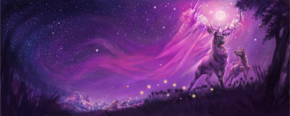 A magical night moment in purple. An animal parade with a moon among the antlers and a cascading ribbons blending into the universe.