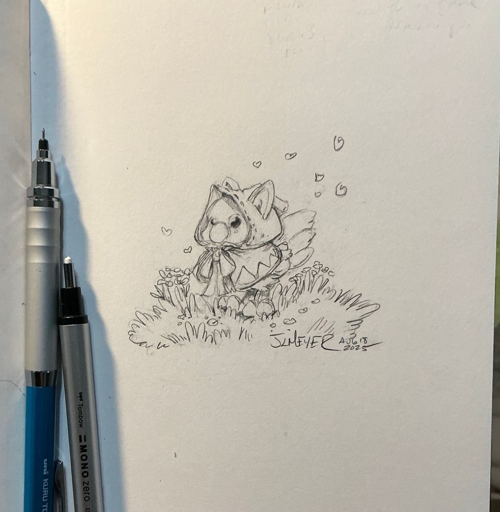 The little chocobo drawing in a field wearing the cat ear hoodie 