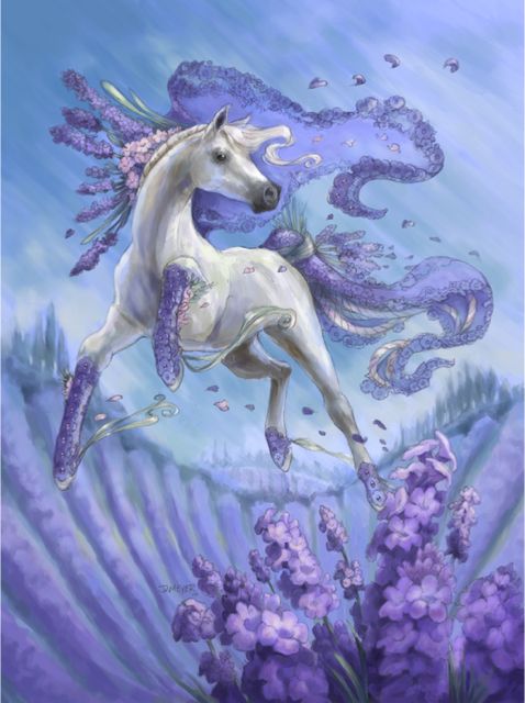 Horse bouncing around in purple flowers 